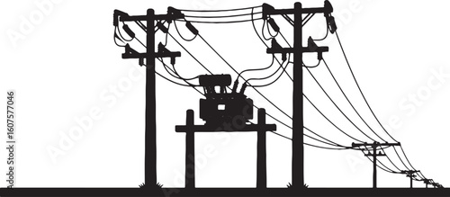 Black silhouette of electrical transformer and power lines, electricity, power, energy, transformer, substation, electrical, utility, transmission, distribution, pole, wire, cable, infrastructure, tec