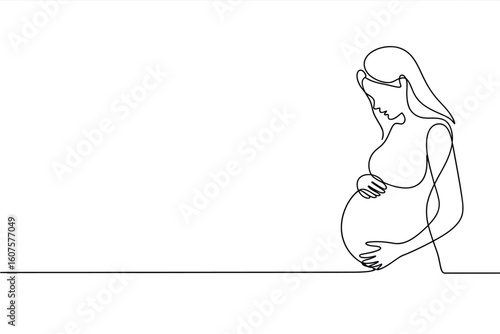 Elegant single line drawing of a pregnant woman cradling her belly