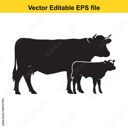 Silhouette of a cow and calf isolated on white background