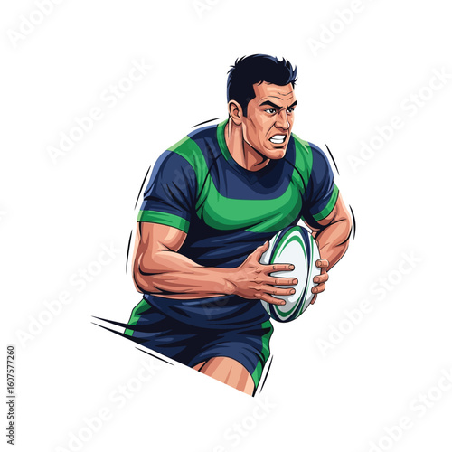 A rugby player in action, holding the ball with determination.
