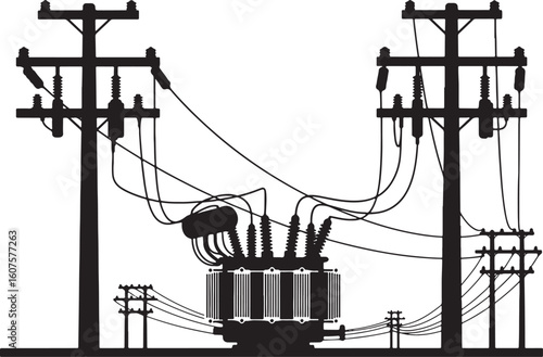 Black silhouette of electrical transformer and power poles, electricity, power, transformer, electrical, energy, grid, utility, pole, line, wire, transmission, distribution, substation, circuit, techn