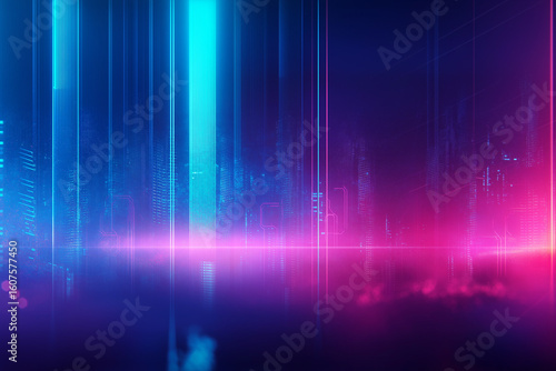 Ultra-detailed abstract cyberpunk background with glowing neon blue and pink vertical light streaks, digital elements and futuristic data effects, perfect for IT, SaaS, and technology concepts