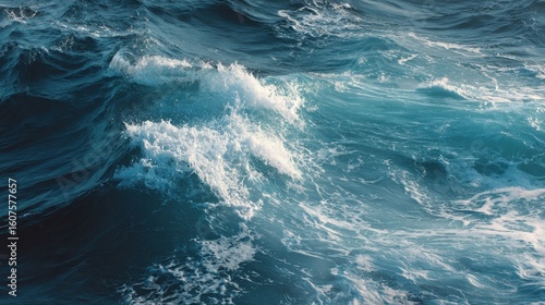 Turbulent ocean waves. Deep blue water surface with foamy white crests. Strong movement and texture