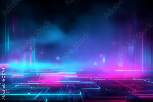 Ultra-detailed abstract cyberpunk background with glowing neon blue and pink vertical light streaks, digital elements and futuristic data effects, perfect for IT, SaaS, and technology concepts