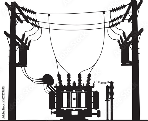 Black silhouette of electrical transformer and utility poles, electricity, power, transformer, utility pole, power line, transmission, energy, substation, electrical equipment, infrastructure, industr