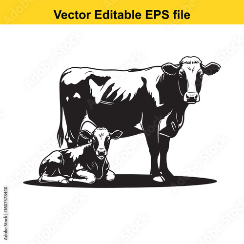 A cow and calf stand together in a silhouette