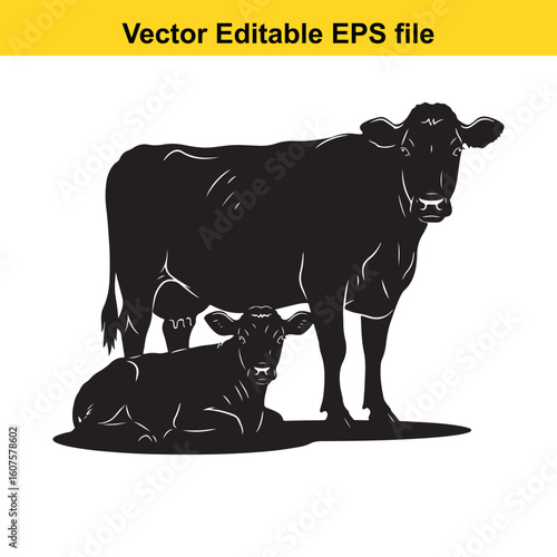 A cow and calf stand together in a silhouette