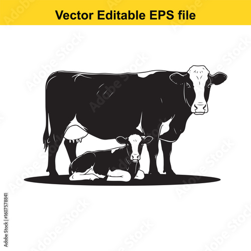 A cow and calf stand together in a silhouette