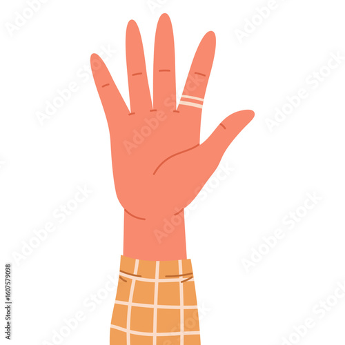 Human hand showing number five with all fingers extended. Open palm gesture. Math and education. Sign language or counting concept. Vector illustration in cartoon style. Isolated on white

