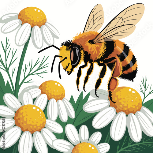 Close up of a fuzzy bee collecting nectar from white daisies in a meadow
