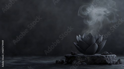 Elegant black lotus flower emitting smoke, perfect for wellness or meditation