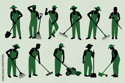 Silhouettes of gardeners working with tools and equipment for landscaping and yard work