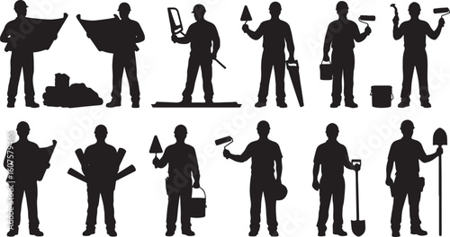 Construction worker silhouettes with tools and blueprints, construction worker, silhouette, builder, blueprint, plan, trowel, paint roller, bucket, shovel, saw, hard hat, construction, manual labor, i