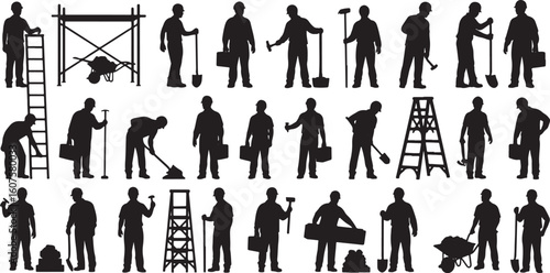 Construction workers silhouettes with tools and equipment, construction worker, silhouette, man, builder, laborer, worker, construction, building, industry, manual labor, carrying, shovel, hammer, lad