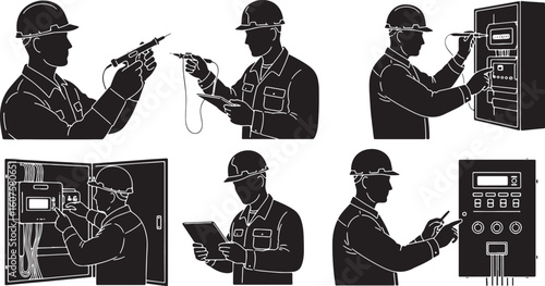 Electrician working with electrical panel and tools, electrician, electrical, technician, worker, hard hat, helmet, safety, work, job, profession, industry, power, energy, electricity, wiring, circuit