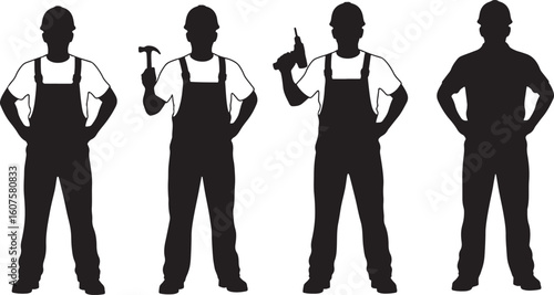 Four black silhouette construction workers with tools and hard hats, construction worker, silhouette, man, male, worker, laborer, builder, craftsman, handyman, contractor, construction, building, indu