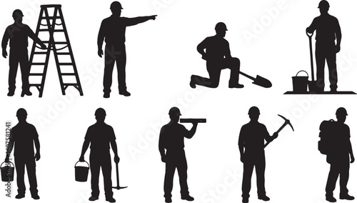 Silhouette construction workers with tools and equipment, construction, worker, silhouette, man, male, hard hat, ladder, shovel, pickaxe, bucket, pointing, digging, carrying, labor, industry, building