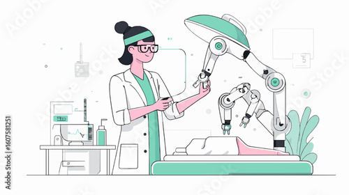 Vector Illustration of Female Surgeon Using AR to Guide Robotic Surgery