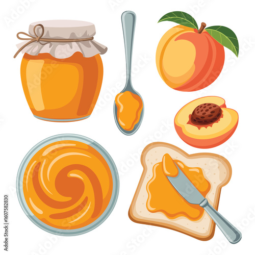 Delicious peach jam spread on toast with fresh fruit and spoon