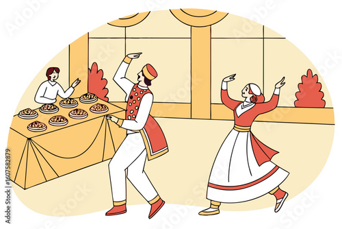 Armenian wedding celebration with dancers in traditional costumes, tables filled with khorovats and lavash, and music filling the air, modern flat illustration style