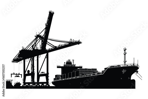 Black silhouette vector of container cargo ship docked at port with large industrial crane