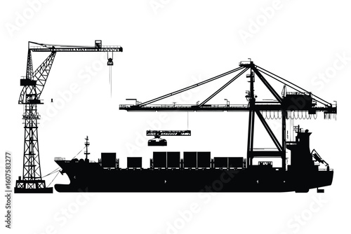 Black silhouette vector of container cargo ship docked at port with large industrial crane