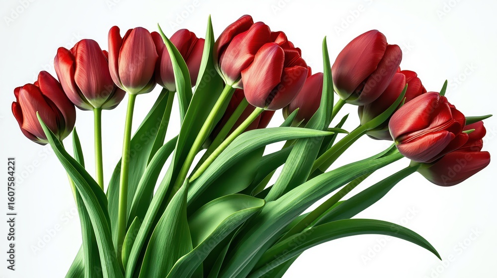 Fototapeta premium Bouquet of vibrant red tulips with fresh green stems on pure white background.
