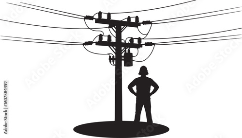 Silhouette of person standing under power lines and utility pole, silhouette, person, man, utility pole, power lines, electricity, infrastructure, wires, transformer, insulator, black and white, graph