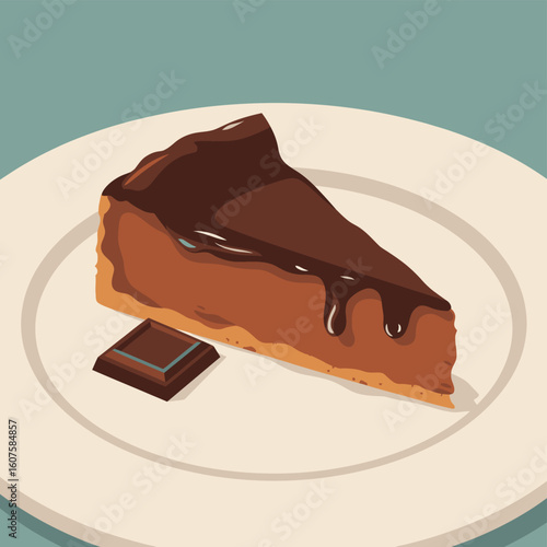 Delicious slice of chocolate cheesecake with chocolate glaze and a square of chocolate on a white plate