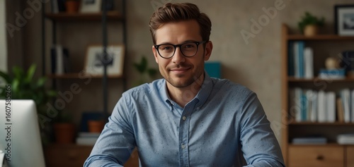 Portrait of confident businessman sitting at computer desk. Young male entrepreneur is at home office