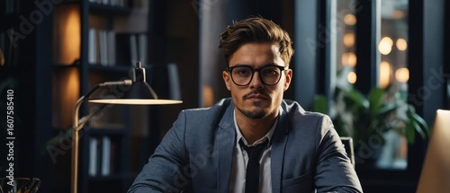 Portrait of confident male freelancer wearing eyeglasses sitting by desk. Young businessman is telecommuting from home office
