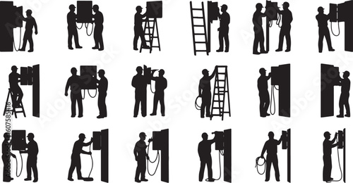 Silhouettes of electricians working on electrical panels and equipment, electrician, silhouette, electrical, panel, equipment, worker, man, male, construction, industry, power, energy, maintenance, re