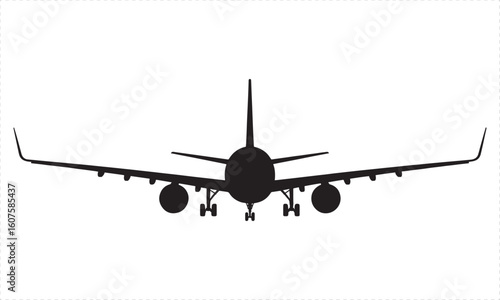 Black silhouette of a passenger airplane viewed from the front aircraft passenger plane