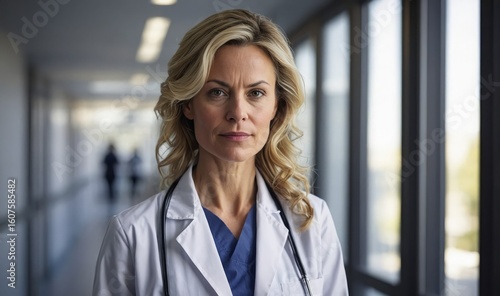 Portrait of confident mid adult female doctor by window in corridor at hospital 