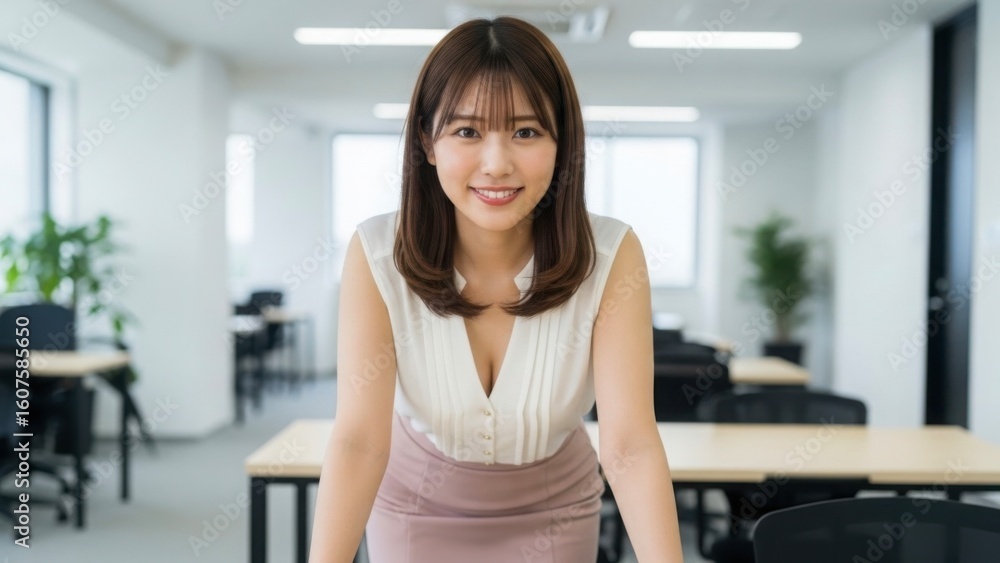デスクに手をついて前かがみになり、こちらに微笑む親しみやすいOL デスクに手をついて前かがみになり、こちらに微笑む親しみやすいOL