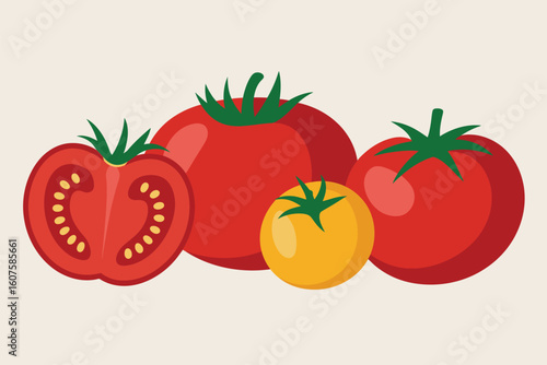 Group of fresh ripe red and yellow tomatoes with one cut in half