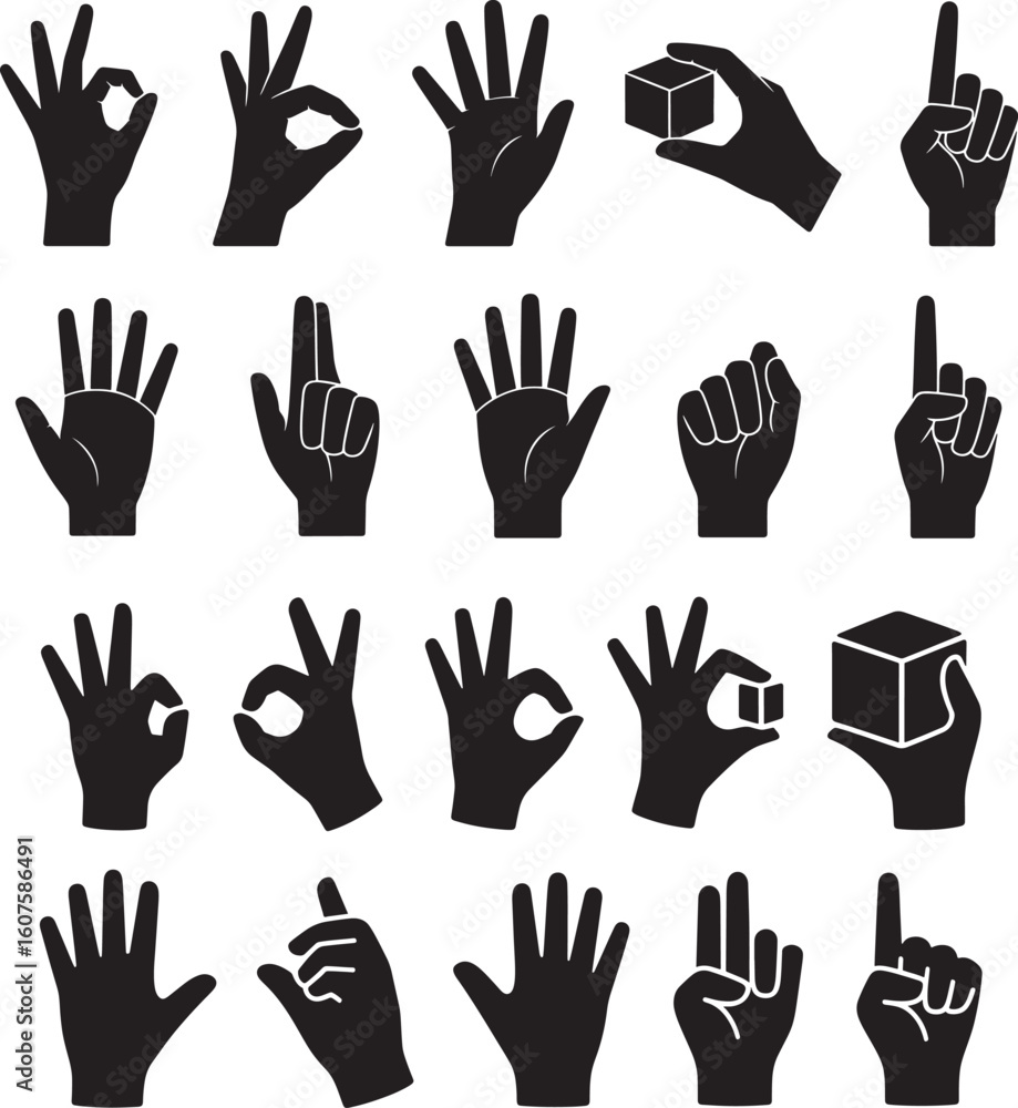 Fototapeta premium Collection of black hand gesture icons and cube icons on white background symbol