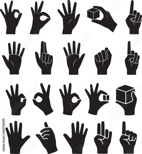 Collection of black hand gesture icons and cube icons on white background symbol