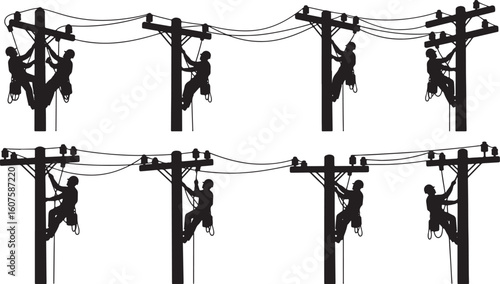 Silhouettes of linemen working on utility poles with wires, lineman, utility pole, power line, electricity, worker, silhouette, climbing, working, maintenance, repair, electric, infrastructure, high v