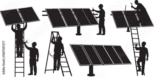 Silhouettes of workers installing solar panels on ladders, solar panel installation, workers, silhouettes, construction, renewable energy, green energy, technology, maintenance, repair, ladder, tools,