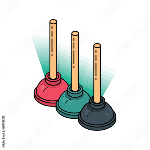 Three colorful plungers with wooden handles arranged in a row