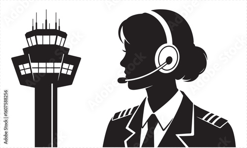 Silhouette of air traffic controller with airport control tower aviation
