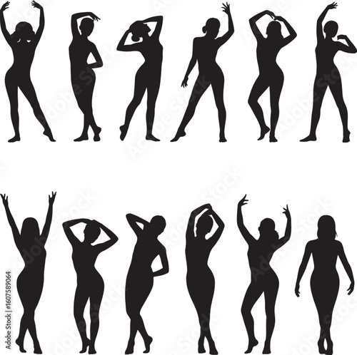 Twelve black female silhouettes dancing and posing on white background woman