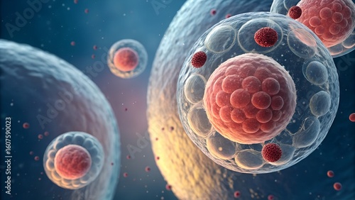 Cinematic 3D view of a developing embryo — blastocyst to gastrulation stages, with cell movements frozen at key stages