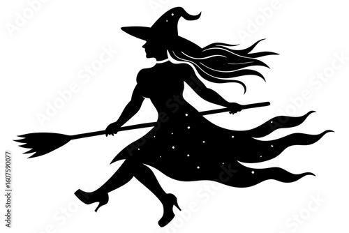 Flying witch silhouette on broom halloween vector illustration