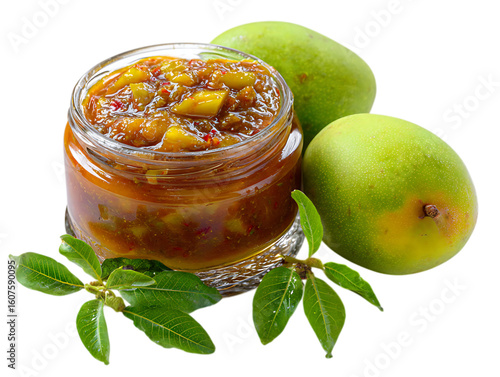 Delicious sweet and sour mango pickle in a glass jar Prepared from fresh green raw mango popular in South and Southeast Asia on white background