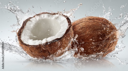 coconut with water splash on white background