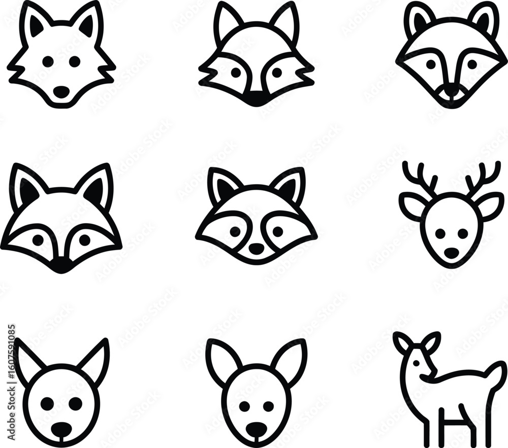 Fototapeta premium Collection of simple line art icons featuring animal faces and a deer