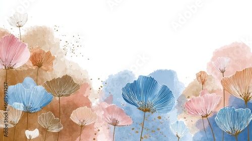 Watercolor art background vector. Wallpaper design with winter flower paint brush line art. Earth tone blue, pink, ivory, beige watercolor Illustration for prints, wall art, cover and invitation., no