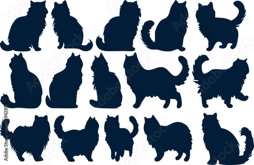 furry Persian cat silhouette flat icon set  
